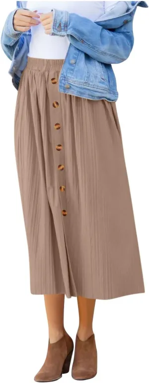 Women Lightweight Casual Flowy Long Skirt, Solid Color Basic Ruched Loose Summer Skirts Elastic Waist Comfy Breathable