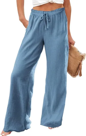 Women Linen Pants Wide Leg Casual Palazzo Beach Summer Drawstring Waist Cotton Linen Trousers Lounge with Pockets