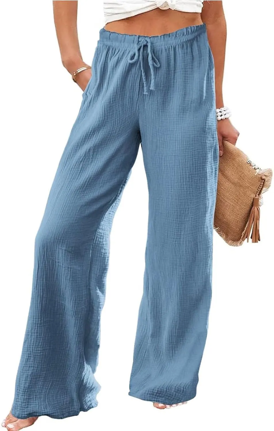 Women Linen Pants Wide Leg Casual Palazzo Beach Summer Drawstring Waist Cotton Linen Trousers Lounge with Pockets