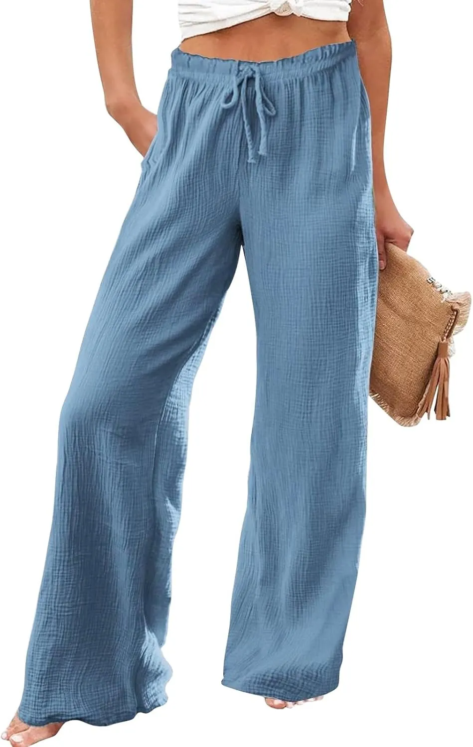 Women Linen Pants Wide Leg Casual Palazzo Beach Summer Drawstring Waist Cotton Linen Trousers Lounge with Pockets