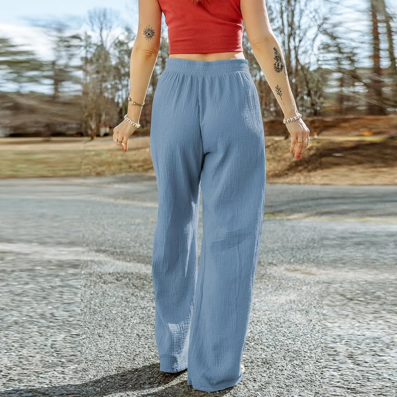 Women Linen Pants Wide Leg Casual Palazzo Beach Summer Drawstring Waist Cotton Linen Trousers Lounge with Pockets