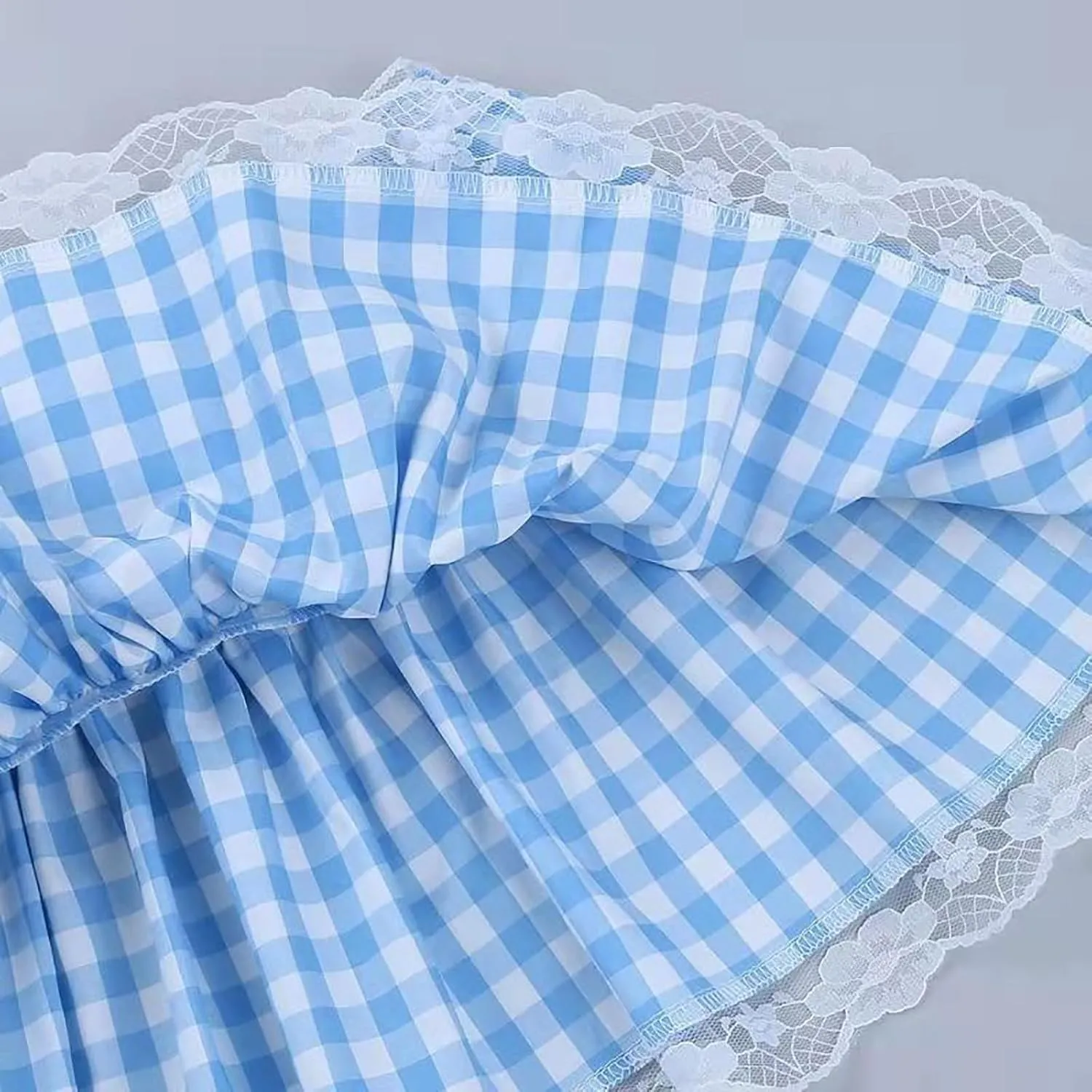 Women Men Plaid Mini Skirt Gingham Pleated Skirt Lace Trim Sissy Skirts Crossdress Lingerie Skirts Frilly Micro Skirt