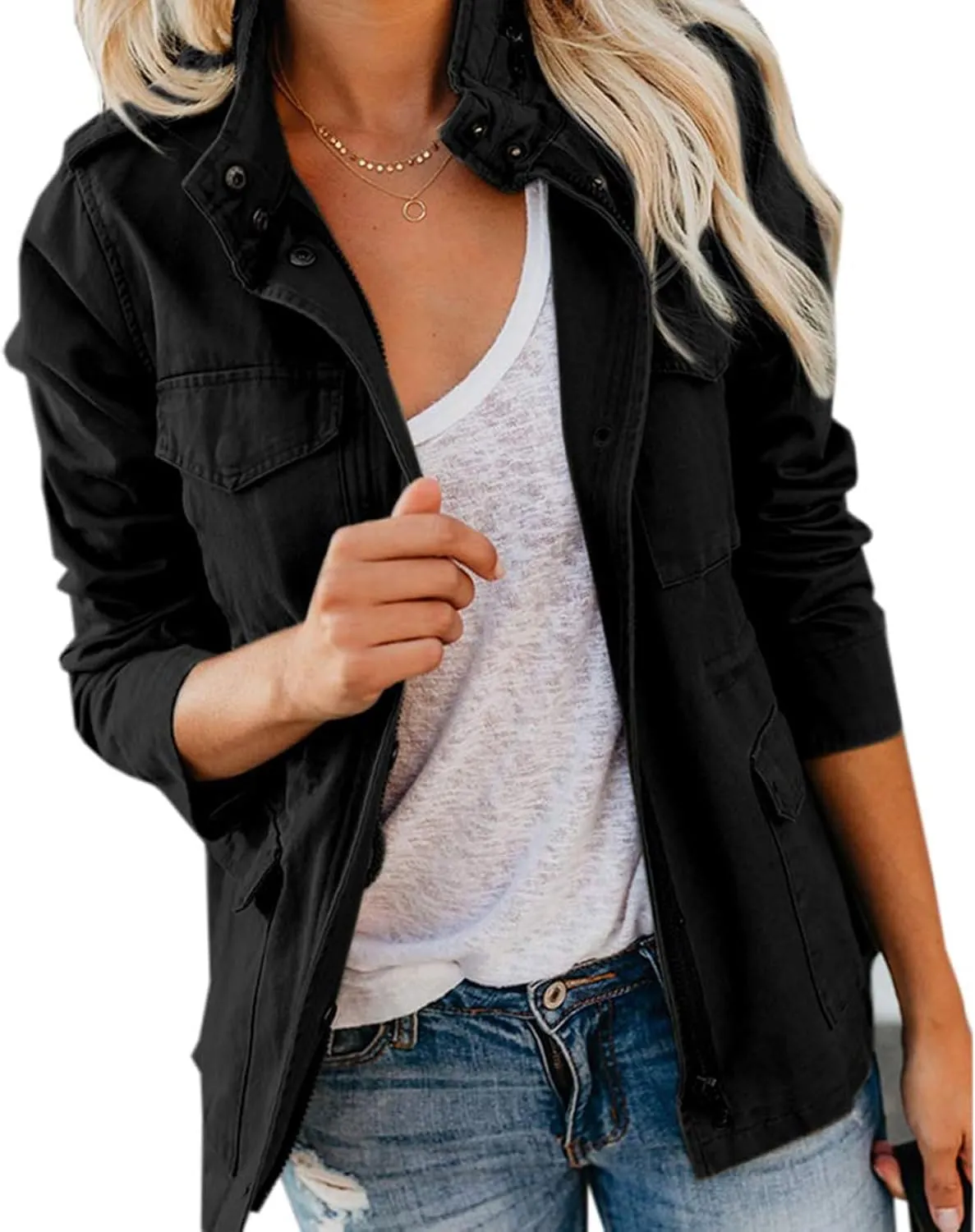 Women Military Anorak Jackets Lightweight Zip Up Utility Cargo Coats Casual Long Sleeve Snap Buttons Safari Outwear