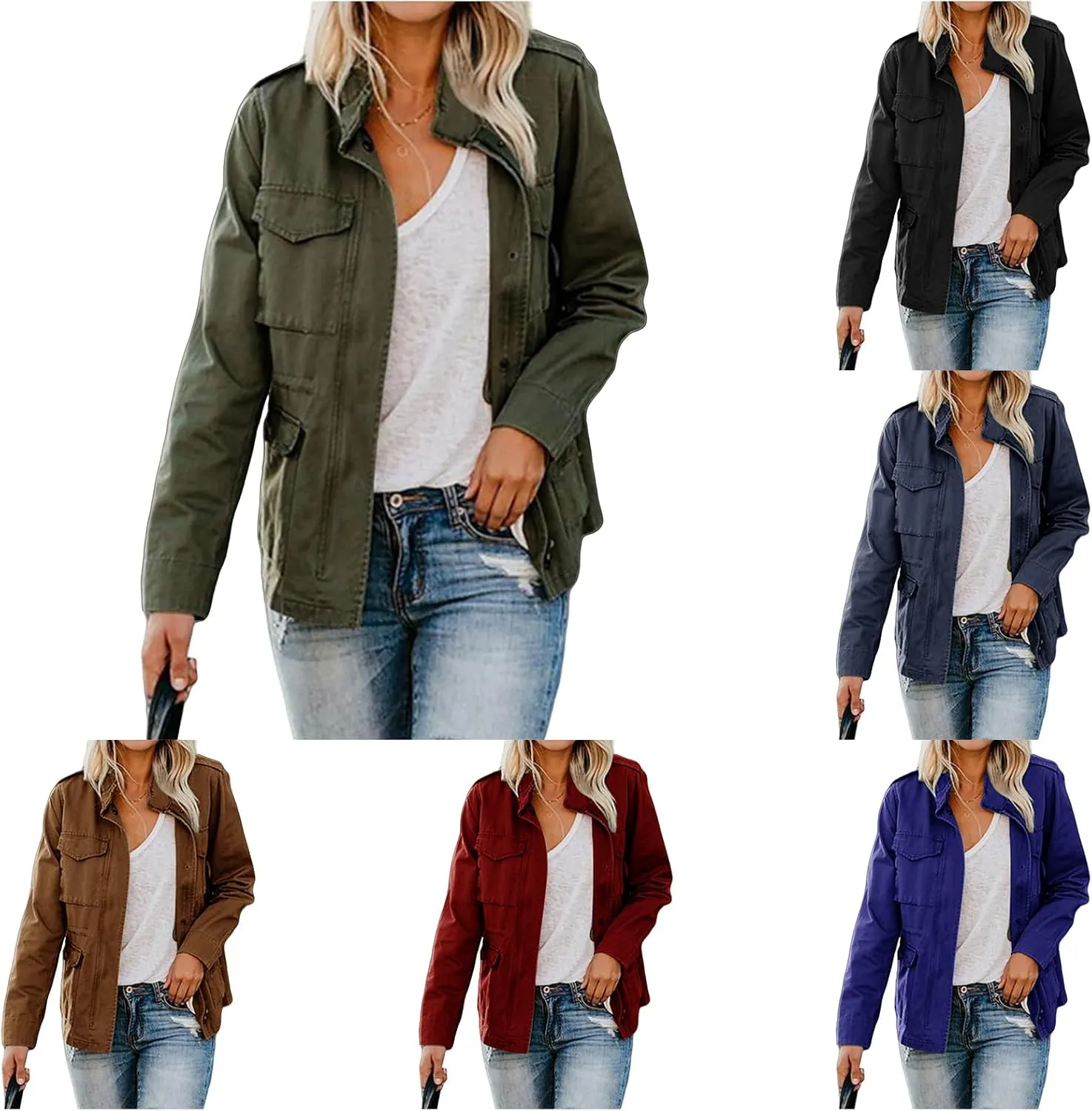 Women Military Anorak Jackets Lightweight Zip Up Utility Cargo Coats Casual Long Sleeve Snap Buttons Safari Outwear