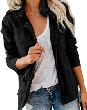 Women Military Anorak Jackets Lightweight Zip Up Utility Cargo Coats Casual Long Sleeve Snap Buttons Safari Outwear