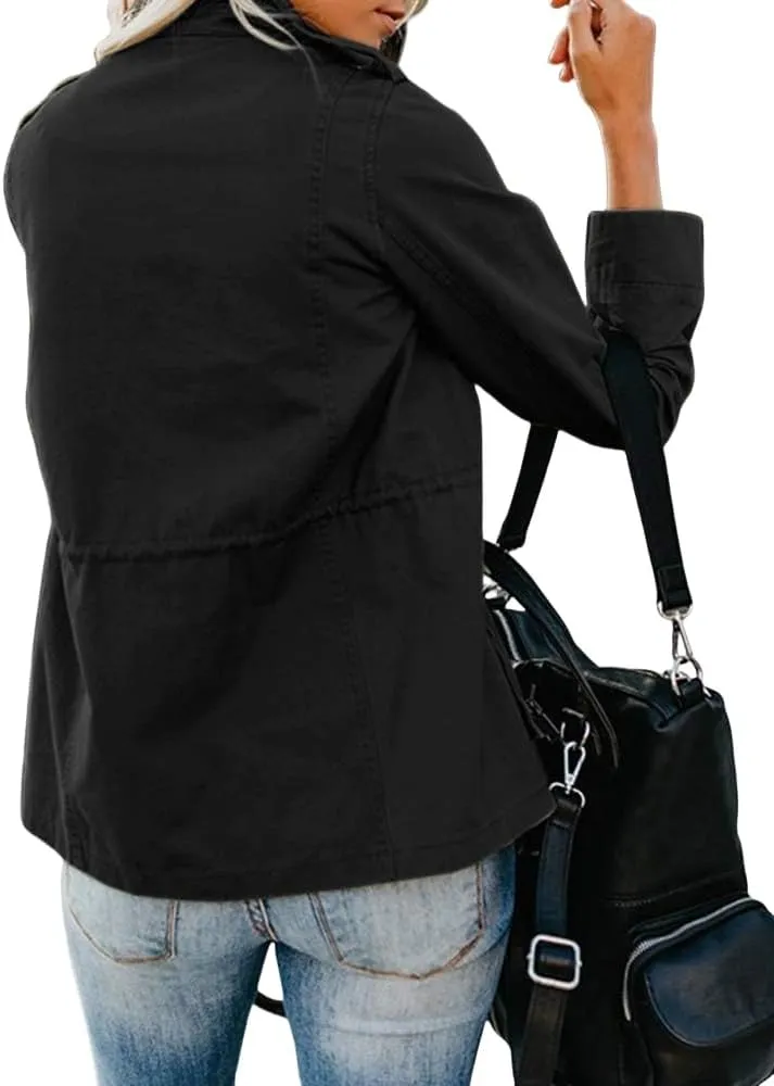 Women Military Anorak Jackets Lightweight Zip Up Utility Cargo Coats Casual Long Sleeve Snap Buttons Safari Outwear