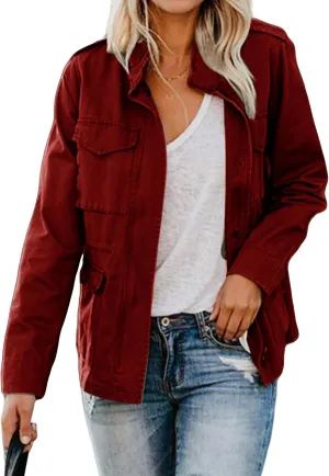 Women Military Anorak Jackets Lightweight Zip Up Utility Cargo Coats Casual Long Sleeve Snap Buttons Safari Outwear