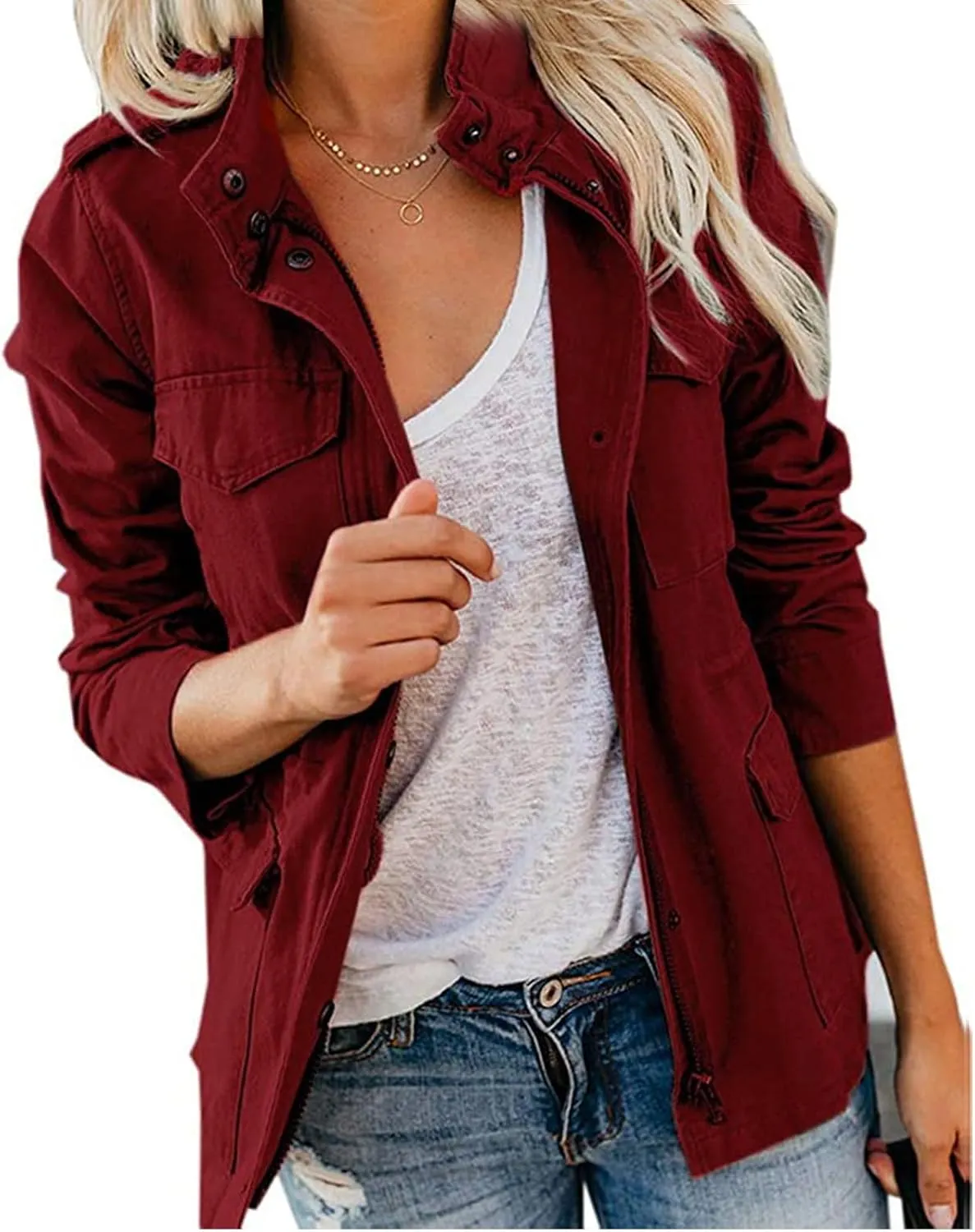 Women Military Anorak Jackets Lightweight Zip Up Utility Cargo Coats Casual Long Sleeve Snap Buttons Safari Outwear