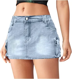 Women Mini Denim Skirt Mid Waist Mini Dress Jean Skirts Stretch Casual Slim Fit Summer Skorts with Pockets
