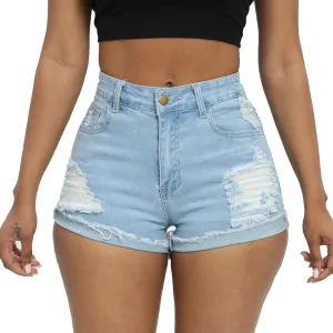 Women Ripped Denim Shorts High Rise Summer Jeans Stretchy Folded Hem Jean Shorts Cut Off Distressed Short Jeans