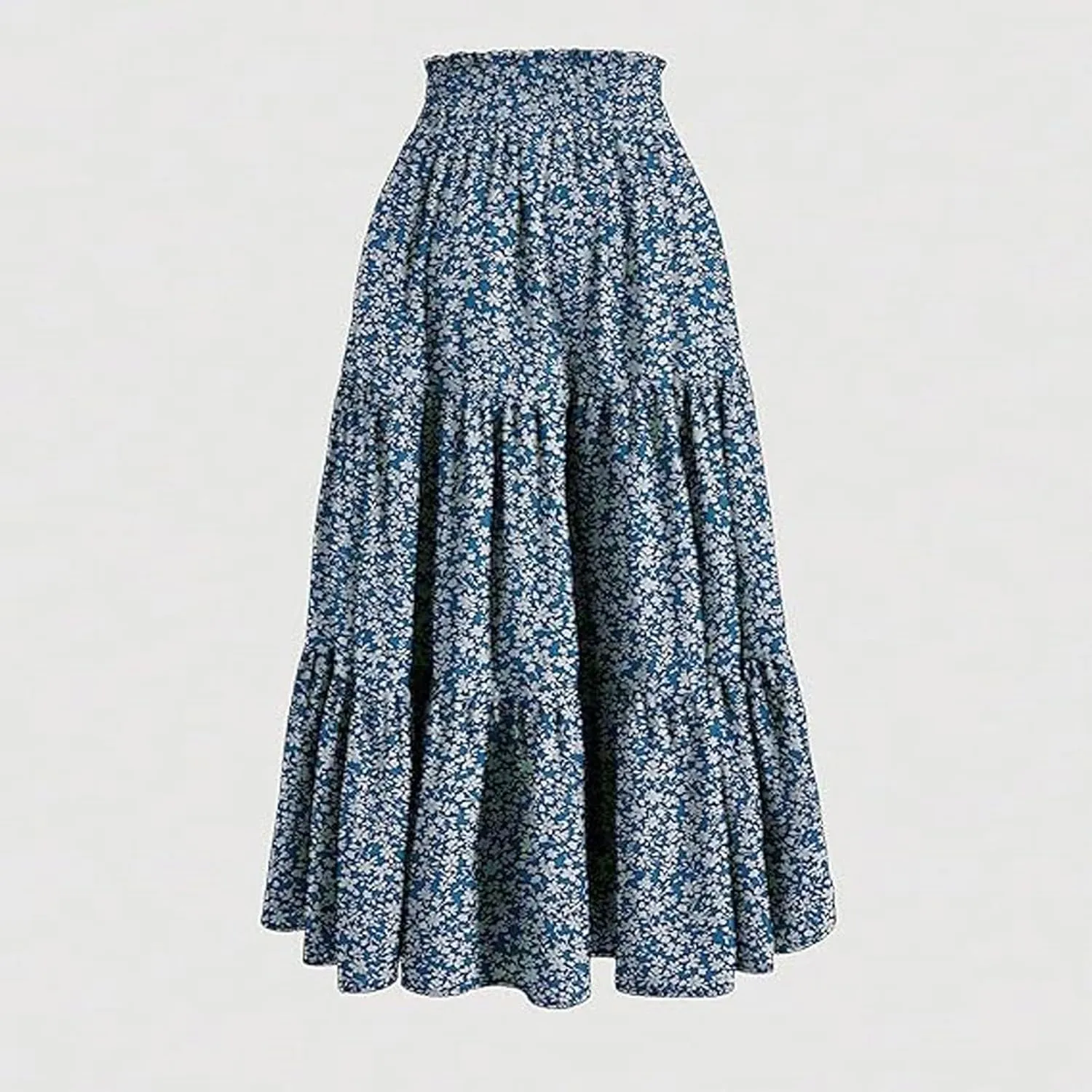 Women Summer Boho Flowy Midi Skirt, Fashion High Waist Drawstring A-line Skirts Floral Print Ruffle Ruched Casual Clothes