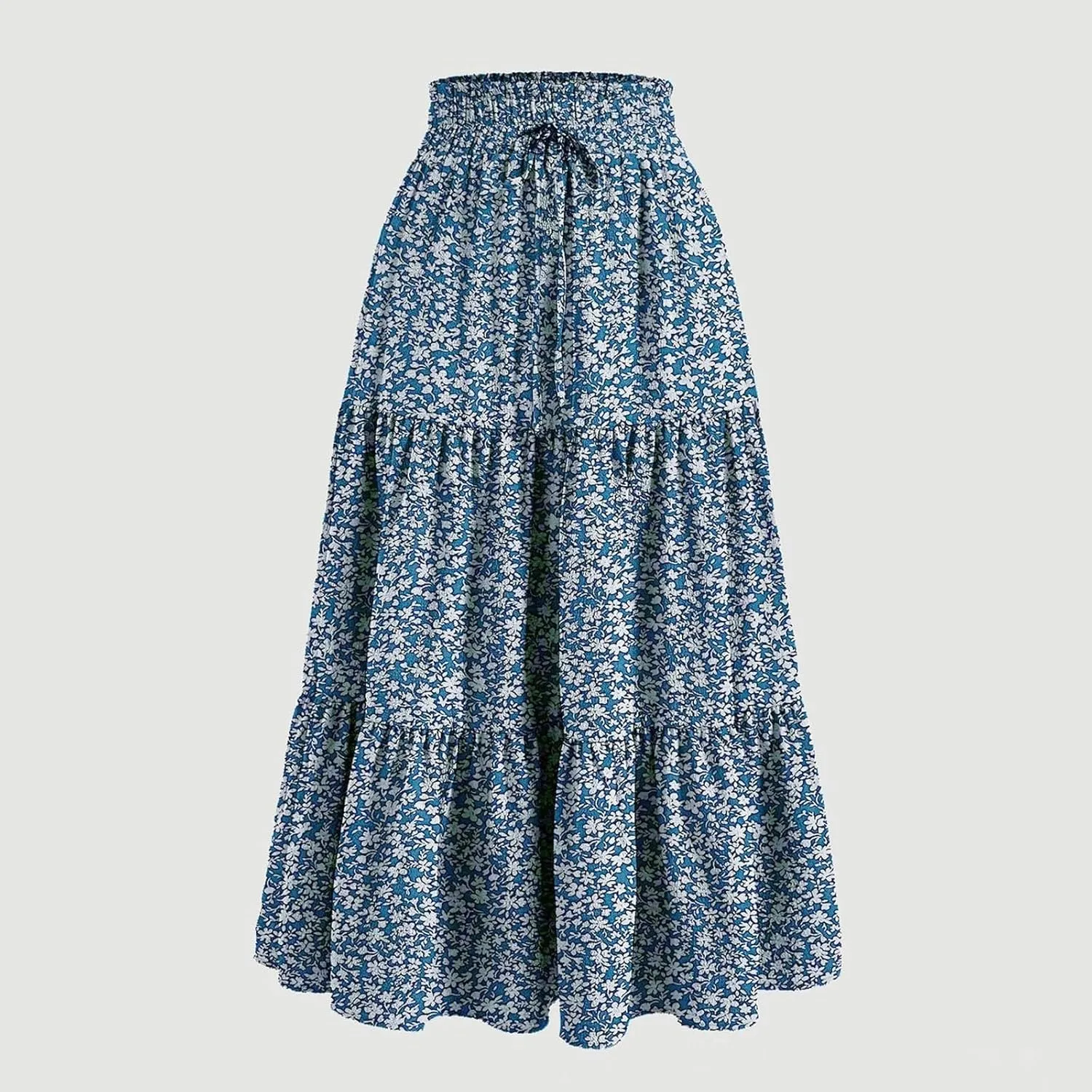 Women Summer Boho Flowy Midi Skirt, Fashion High Waist Drawstring A-line Skirts Floral Print Ruffle Ruched Casual Clothes