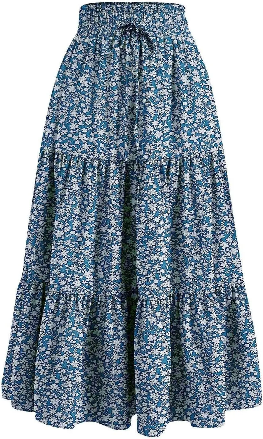 Women Summer Boho Flowy Midi Skirt, Fashion High Waist Drawstring A-line Skirts Floral Print Ruffle Ruched Casual Clothes