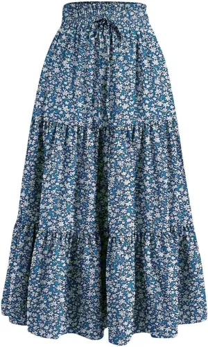 Women Summer Boho Flowy Midi Skirt, Fashion High Waist Drawstring A-line Skirts Floral Print Ruffle Ruched Casual Clothes