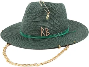 Women Summer Luxury Chain Straw Fedora Hats Wide Brim Beach Hats Protection Foldable Sun Hats Dark EN8