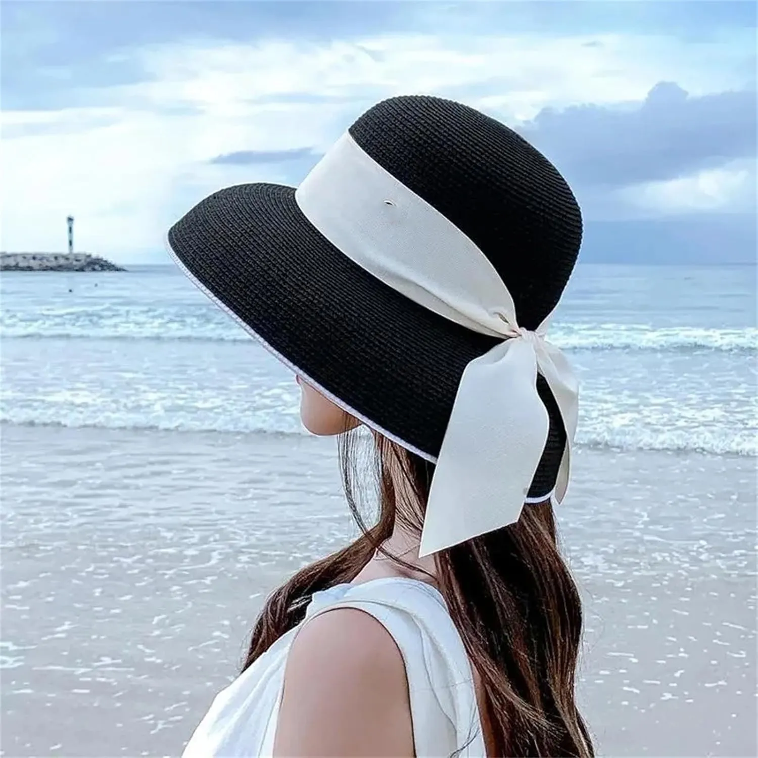 Women Vintage Bow Beach Hat Summer Travel Casual Fisherman Straw Hat