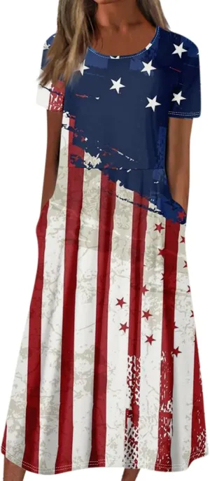 Womens 4th of July Dresses Independence Day Red Patriotic Tunic Dress Short Sleeve V Neck 2025 Flag Sundress with Pocket