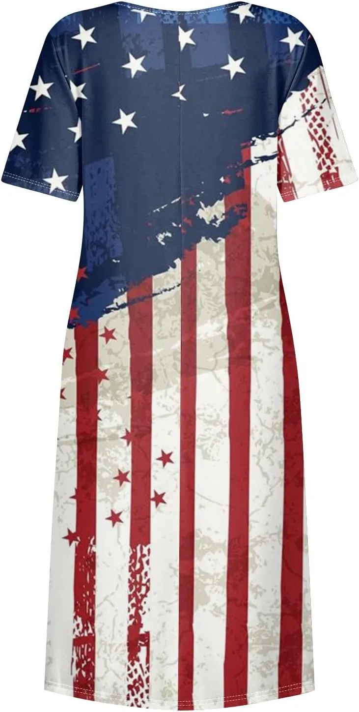 Womens 4th of July Dresses Independence Day Red Patriotic Tunic Dress Short Sleeve V Neck 2025 Flag Sundress with Pocket