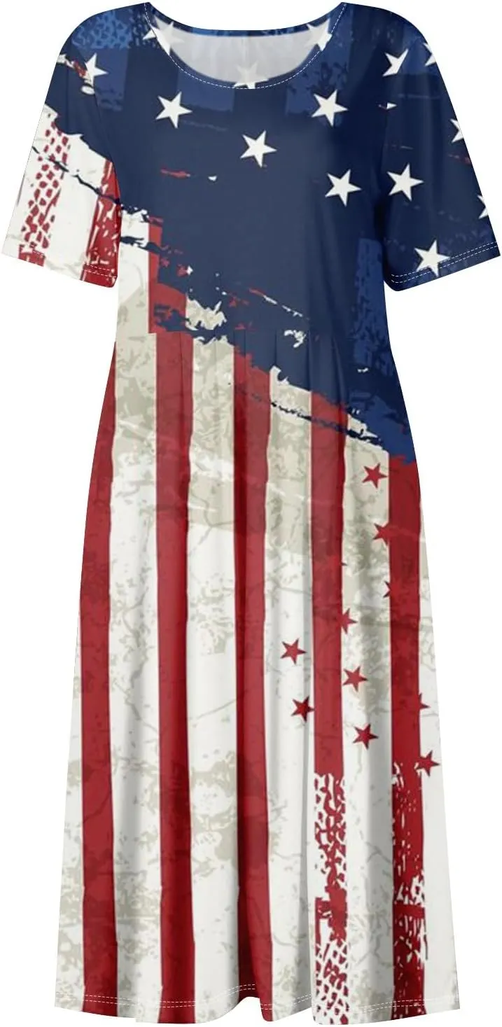 Womens 4th of July Dresses Independence Day Red Patriotic Tunic Dress Short Sleeve V Neck 2025 Flag Sundress with Pocket