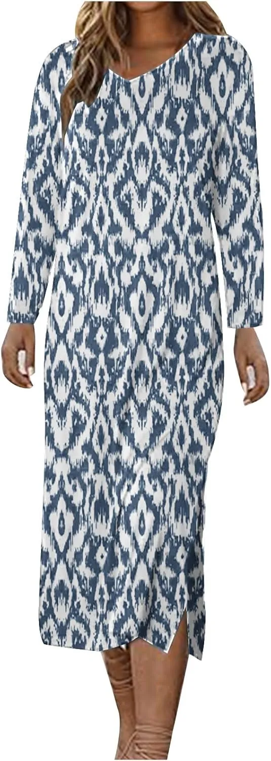 Womens Boho 2025 Maxi Dress Trendy Side Slit Empire Waist Sundresses Spring Summer Casual Boho Long Flowy Dresses