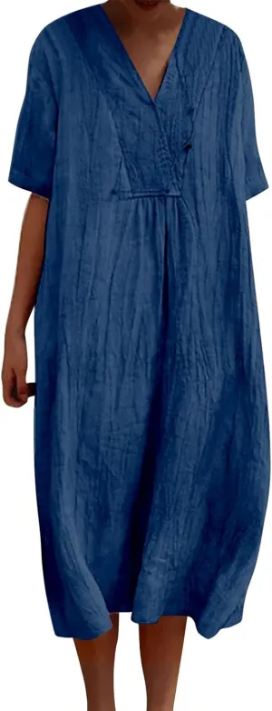 Womens Boho Maxi Dresses 2024 Summer V Neck Short Sleeve Linen Long Dress Loose Plus Size Solid Color Boho Dress