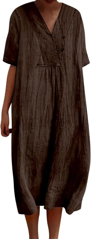 Womens Boho Maxi Dresses 2024 Summer V Neck Short Sleeve Linen Long Dress Loose Plus Size Solid Color Boho Dress