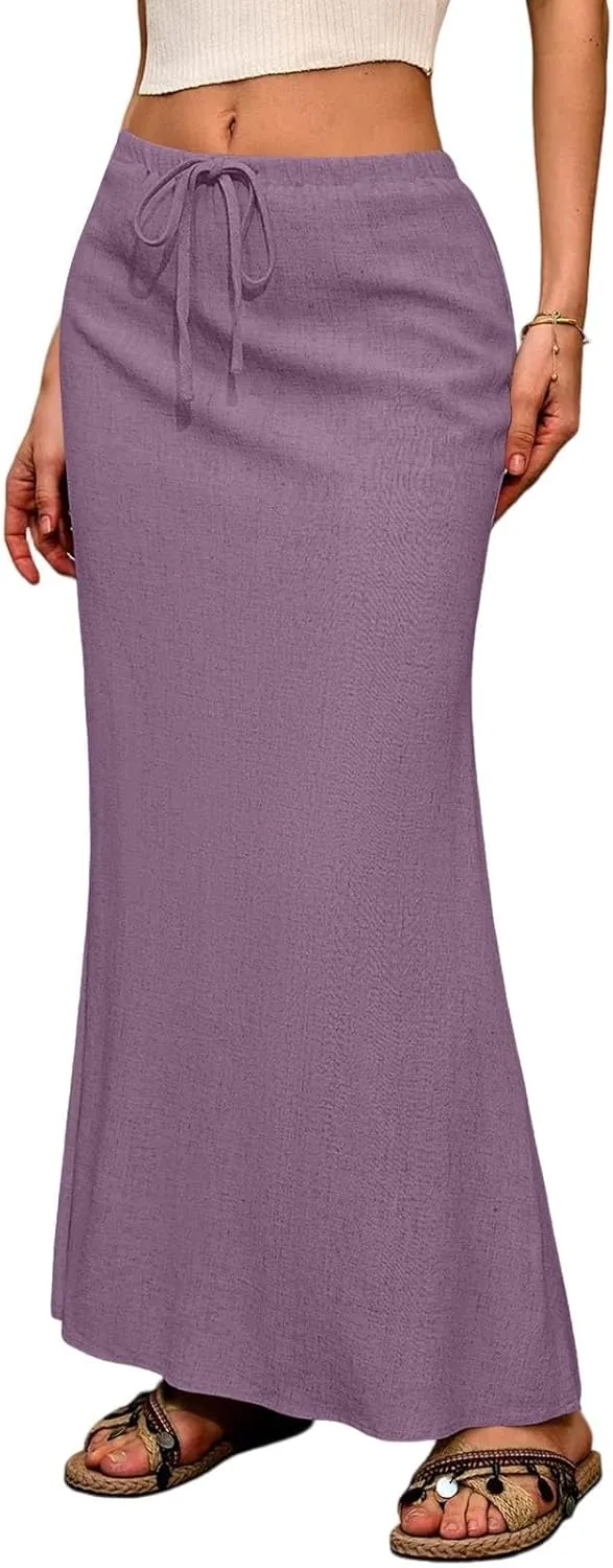 Women's Boho Skirts Linen Flared Maxi Skirt with Back Slit-Elastic Waist Drawstring Long Flowy Skirt, S-2XL