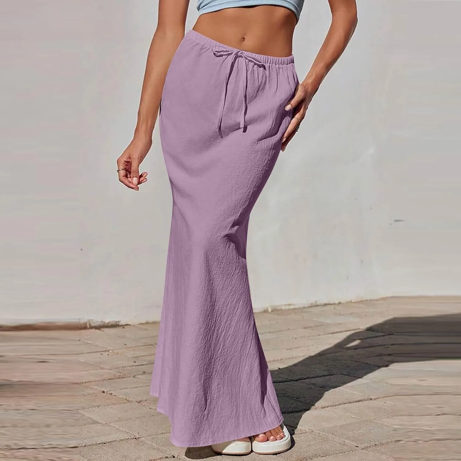 Women's Boho Skirts Linen Flared Maxi Skirt with Back Slit-Elastic Waist Drawstring Long Flowy Skirt, S-2XL