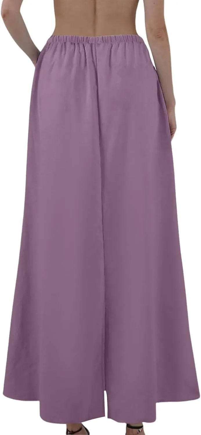 Women's Boho Skirts Linen Flared Maxi Skirt with Back Slit-Elastic Waist Drawstring Long Flowy Skirt, S-2XL