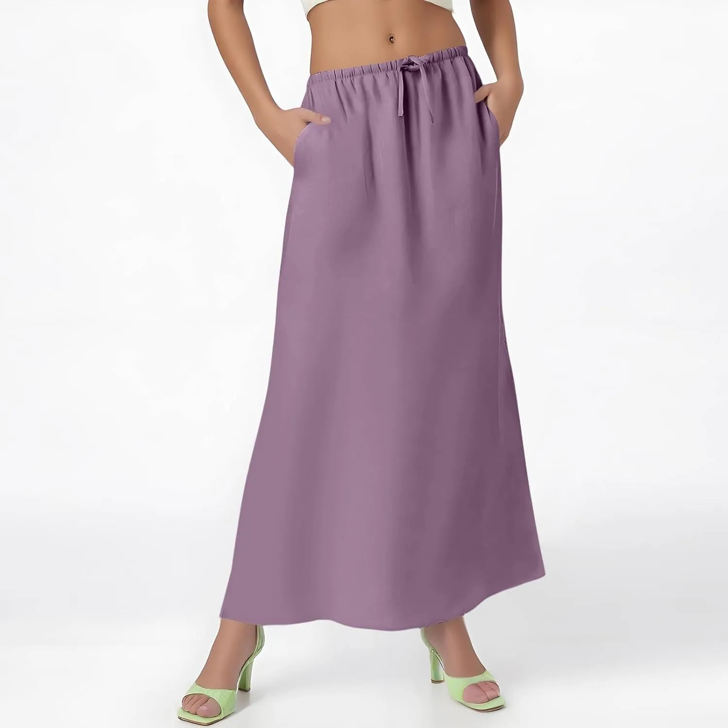 Women's Boho Skirts Linen Flared Maxi Skirt with Back Slit-Elastic Waist Drawstring Long Flowy Skirt, S-2XL