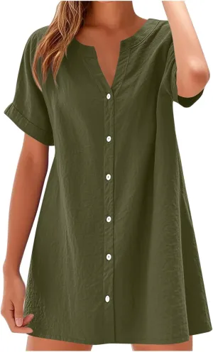 Womens Button Down Shirt Dresses Summer Lightweight Casual Beach Vacation V-Neck Short Sleeve Mini Dress