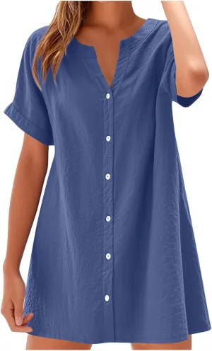 Womens Button Down Shirt Dresses Summer Lightweight Casual Beach Vacation V-Neck Short Sleeve Mini Dress