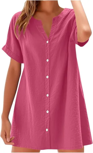Womens Button Down Shirt Dresses Summer Lightweight Casual Beach Vacation V-Neck Short Sleeve Mini Dress