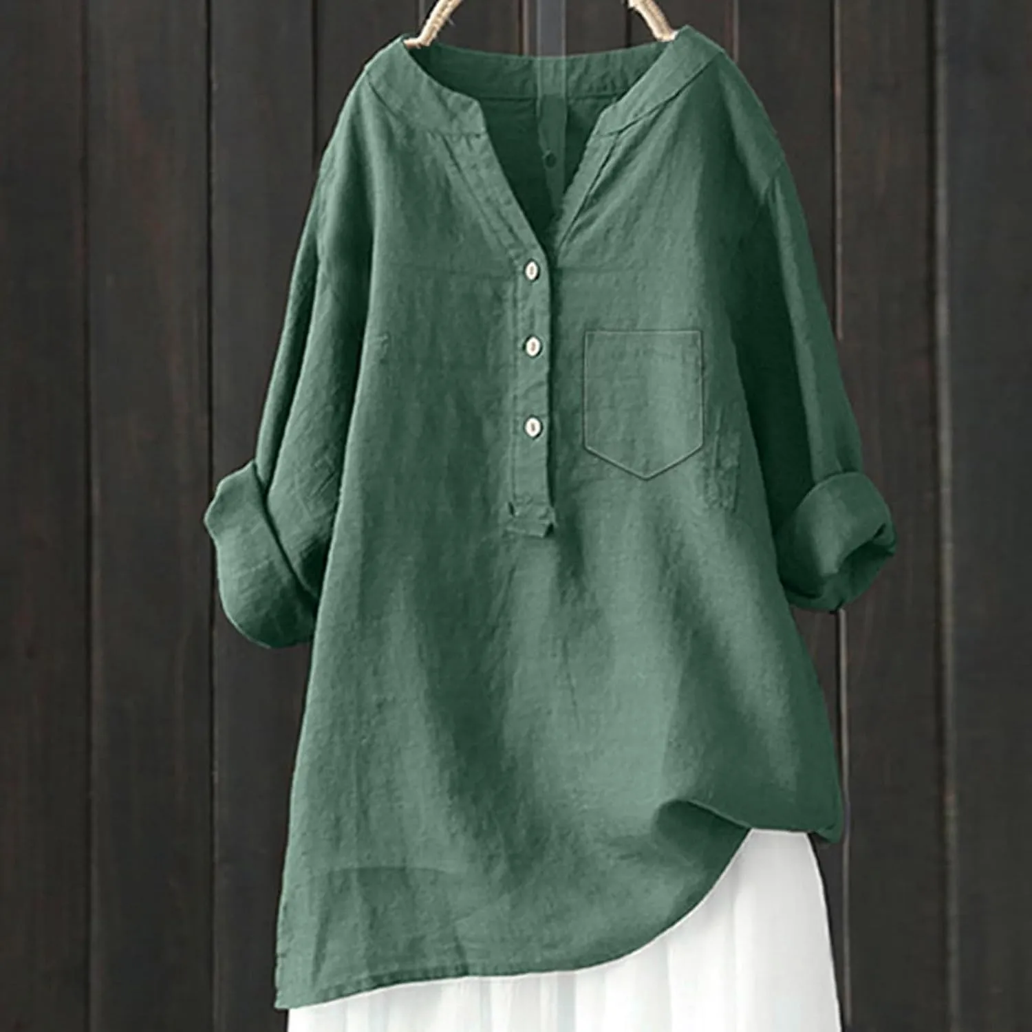 Womens Button Shirts Linen Roll Up Cuffed Sleeve V Neck Soft Shirts Casual Loose Plain Solid Blouses Tops