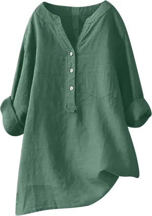 Womens Button Shirts Linen Roll Up Cuffed Sleeve V Neck Soft Shirts Casual Loose Plain Solid Blouses Tops