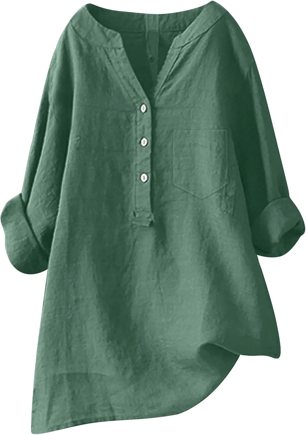 Womens Button Shirts Linen Roll Up Cuffed Sleeve V Neck Soft Shirts Casual Loose Plain Solid Blouses Tops