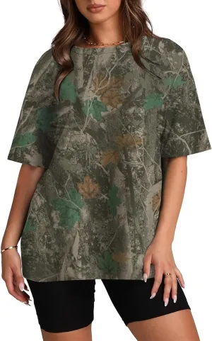 Womens Camo Shirt Oversized Short Sleeve Tees Maple Leaf Print Summer Tops Graphic Crewneck T Shirts Y2K Clothes