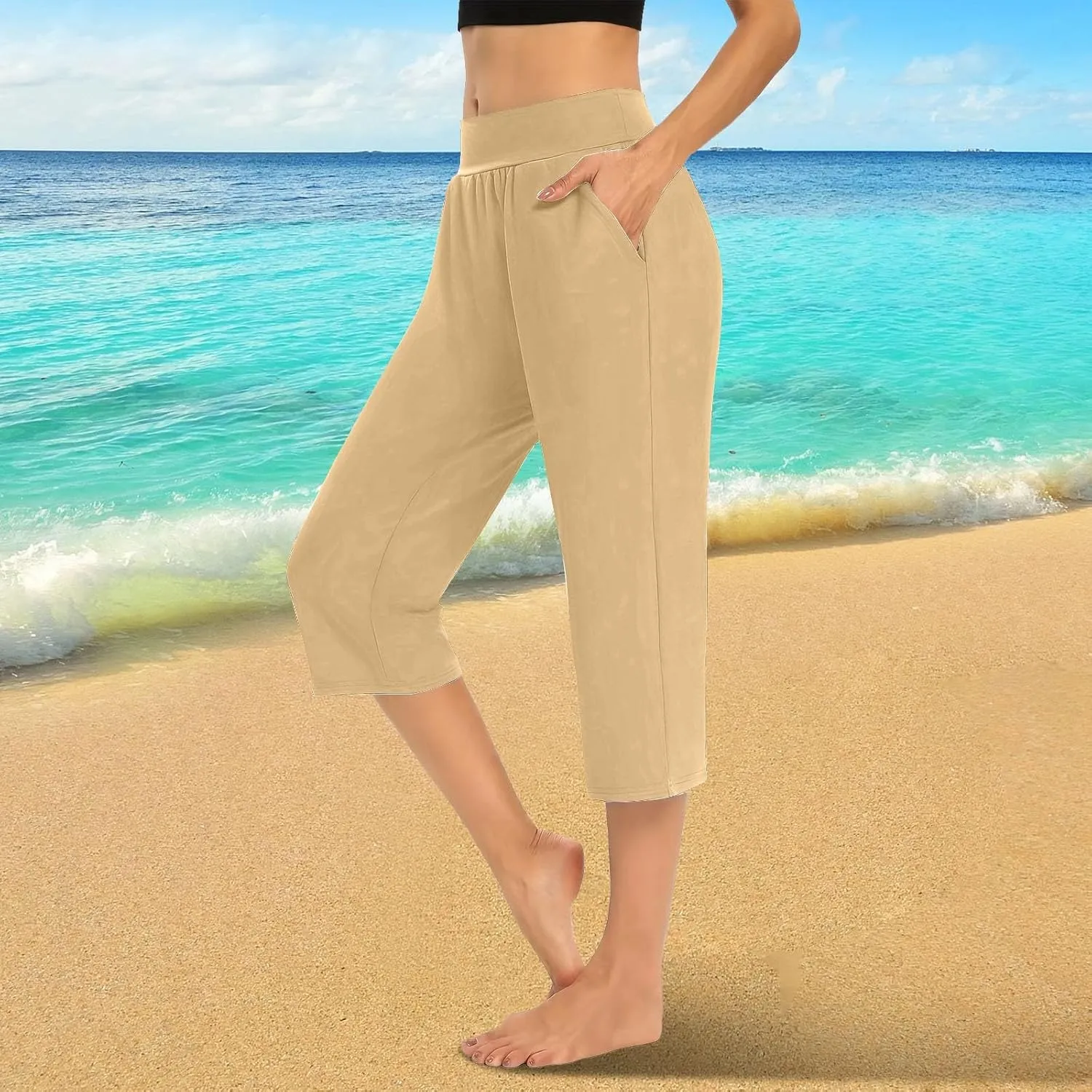 Women's Capri Pants Yoga Leggings with Pockets High Waisted Straight Cropped Pants Casual Cotton Summer Stretch