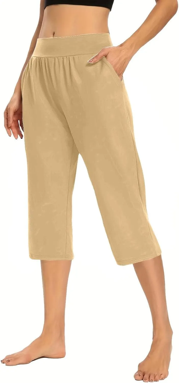 Women's Capri Pants Yoga Leggings with Pockets High Waisted Straight Cropped Pants Casual Cotton Summer Stretch