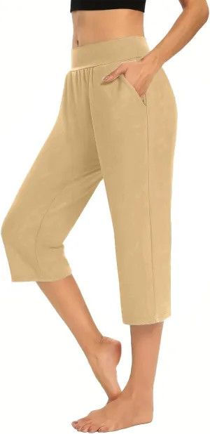Women's Capri Pants Yoga Leggings with Pockets High Waisted Straight Cropped Pants Casual Cotton Summer Stretch