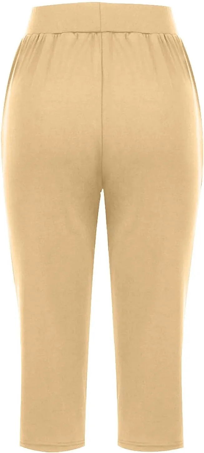 Women's Capri Pants Yoga Leggings with Pockets High Waisted Straight Cropped Pants Casual Cotton Summer Stretch