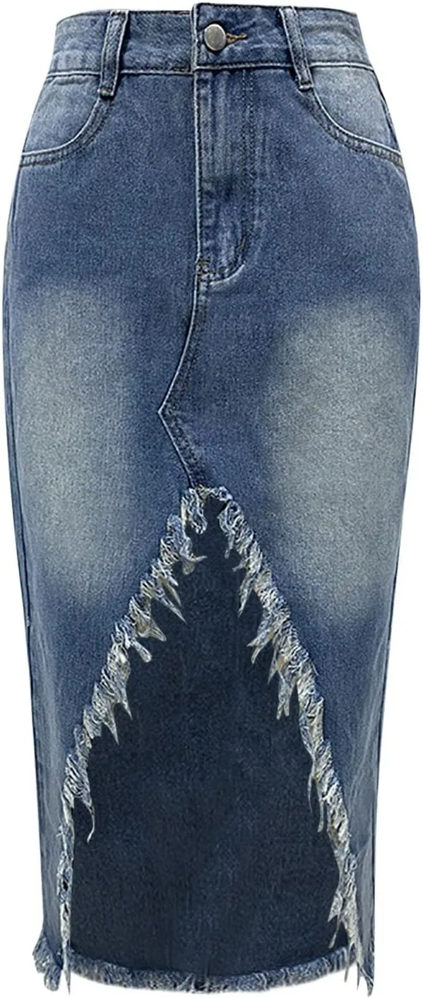 Women's Casual Stretch Waist Washed Denim A-line Slit Maxi Skirt