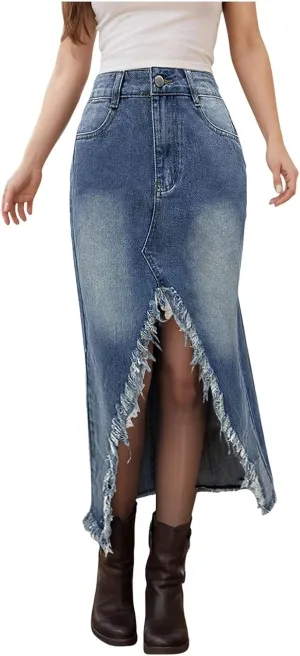 Women's Casual Stretch Waist Washed Denim A-line Slit Maxi Skirt