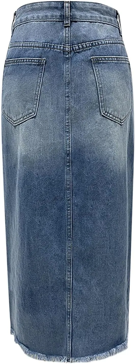 Women's Casual Stretch Waist Washed Denim A-line Slit Maxi Skirt
