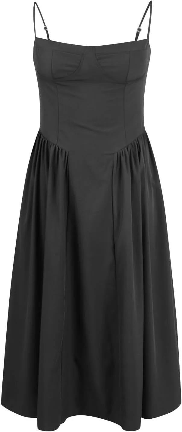 Womens Corset Dress Sexy Sleeveless Spaghetti Strap Bustier A Line Flowy Swing Midi Dress Low Cut Dressy Sundress