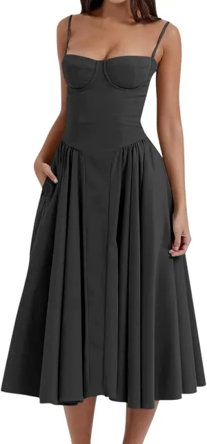 Womens Corset Dress Sexy Sleeveless Spaghetti Strap Bustier A Line Flowy Swing Midi Dress Low Cut Dressy Sundress