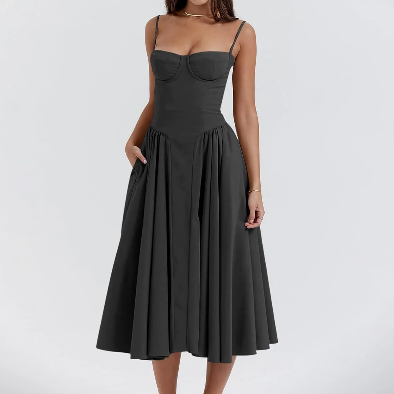 Womens Corset Dress Sexy Sleeveless Spaghetti Strap Bustier A Line Flowy Swing Midi Dress Low Cut Dressy Sundress