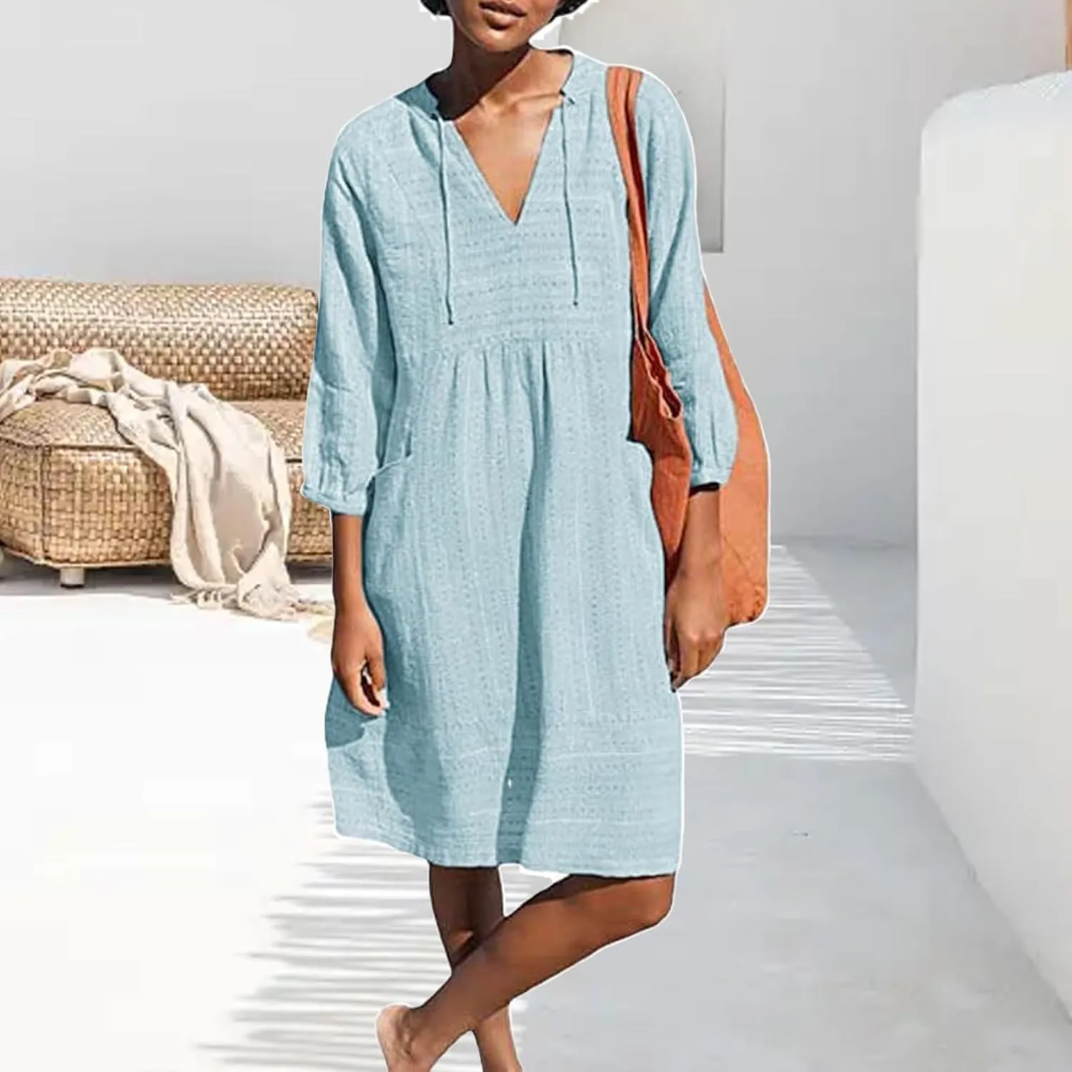 Womens Cotton Linen Dress V Neck 3/4 Sleeve Shift Tunic Smock Dresses Summer Casual Loose Dress with Pockets
