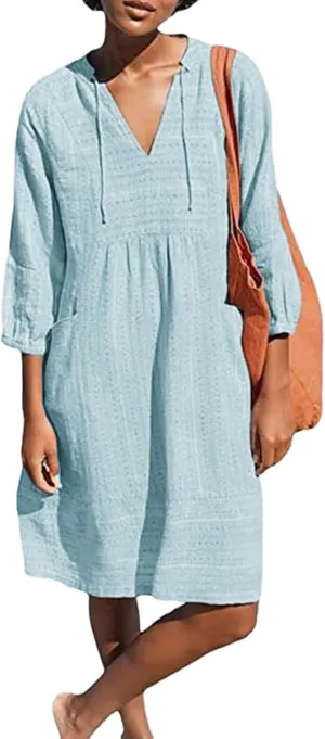 Womens Cotton Linen Dress V Neck 3/4 Sleeve Shift Tunic Smock Dresses Summer Casual Loose Dress with Pockets