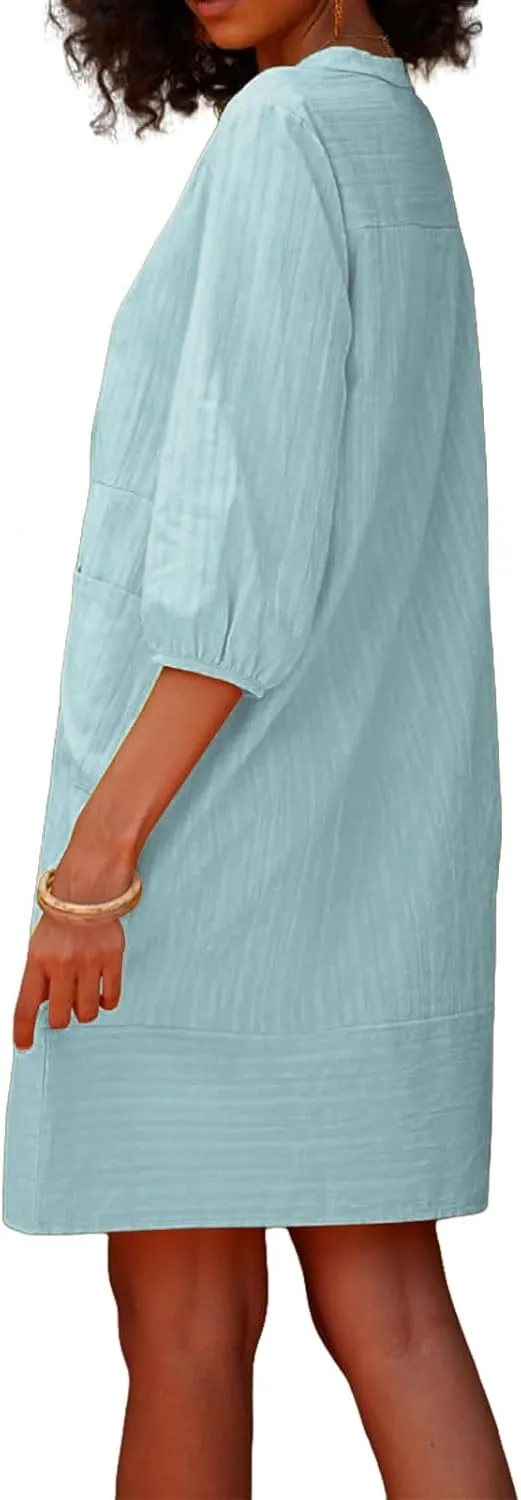 Womens Cotton Linen Dress V Neck 3/4 Sleeve Shift Tunic Smock Dresses Summer Casual Loose Dress with Pockets